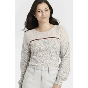 Knox Rose Mixed Media French Terry Leopard High Low Long Cinched Sleeve Top M Nw